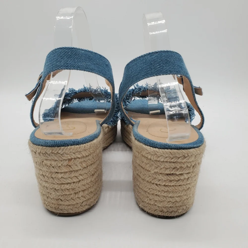 C Comfort Frayed Denim Espadrille Block Heel Platform Sandals Size 11